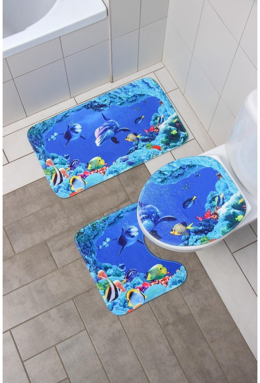 Набор ковриков для ванной и туалета Доляна «Дельфин», 3 шт: 35×39, 40×50, 45×75 см
