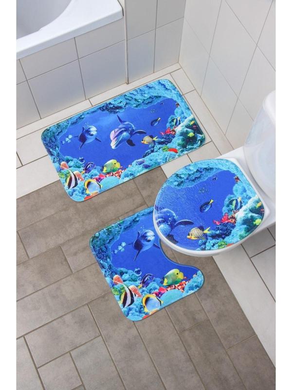 Набор ковриков для ванной и туалета Доляна «Дельфин», 3 шт: 35×39, 40×50, 45×75 см