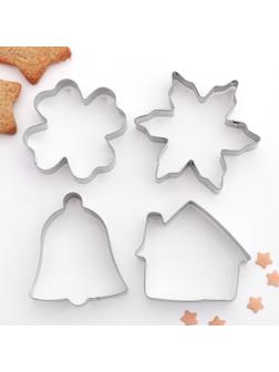 Набор форм для вырезания печенья Доляна «Снежинка. Домик. Колокольчик. Клевер», 4 шт
