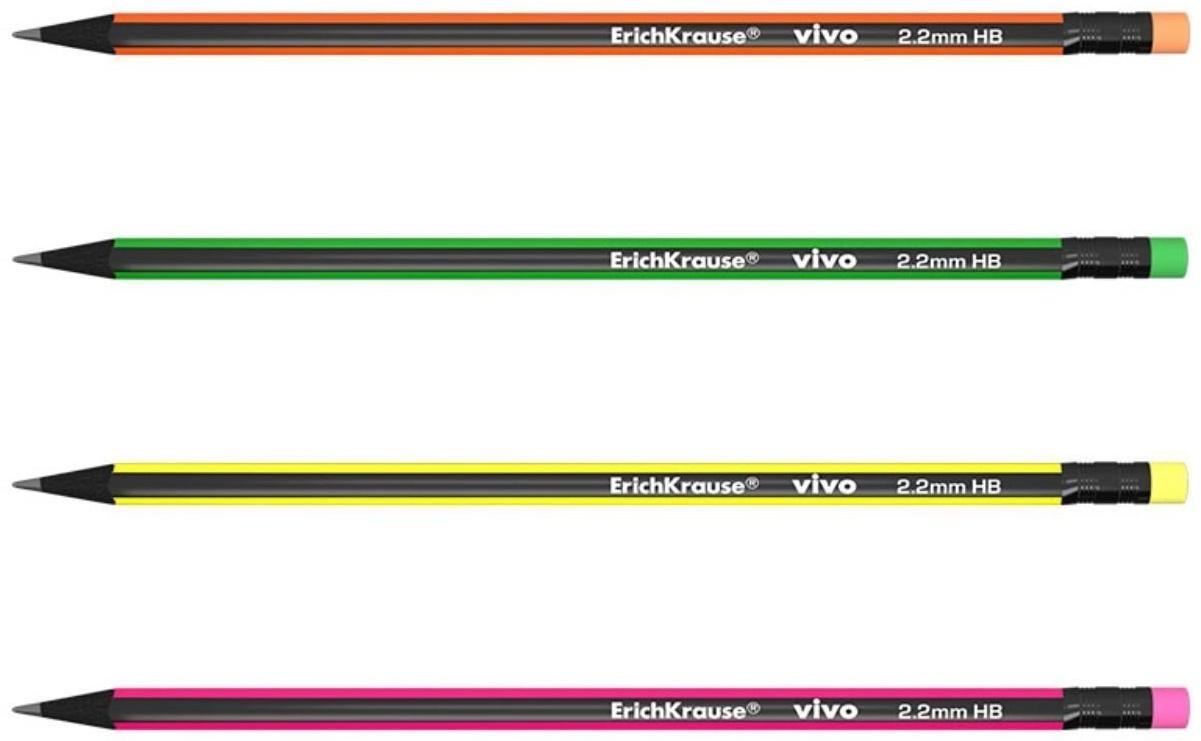 Карандаш чернографитный с ластиком НВ, 2.2 мм, ErichKrause Vivo, трёхгранный, микс, цена за 1 шт