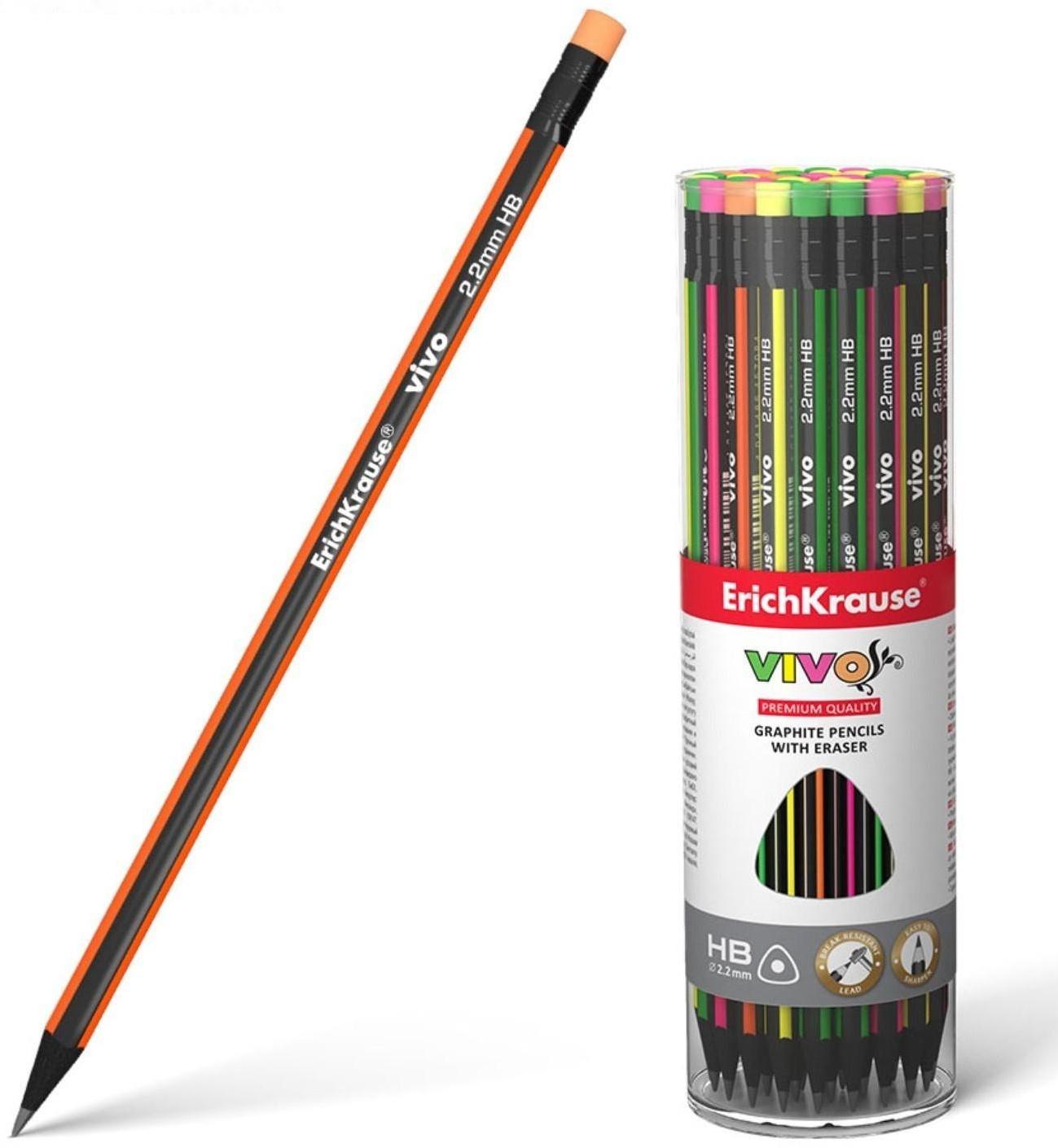 Карандаш чернографитный с ластиком НВ, 2.2 мм, ErichKrause Vivo, трёхгранный, микс, цена за 1 шт