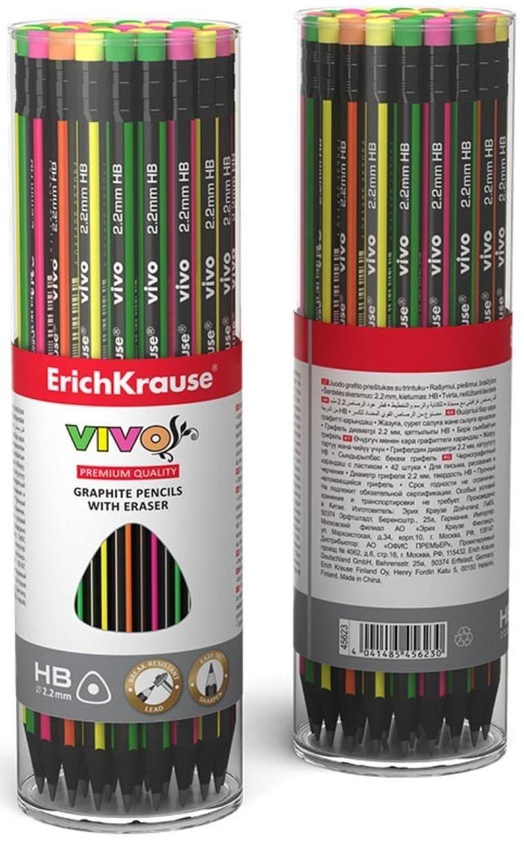 Карандаш чернографитный с ластиком НВ, 2.2 мм, ErichKrause Vivo, трёхгранный, микс, цена за 1 шт