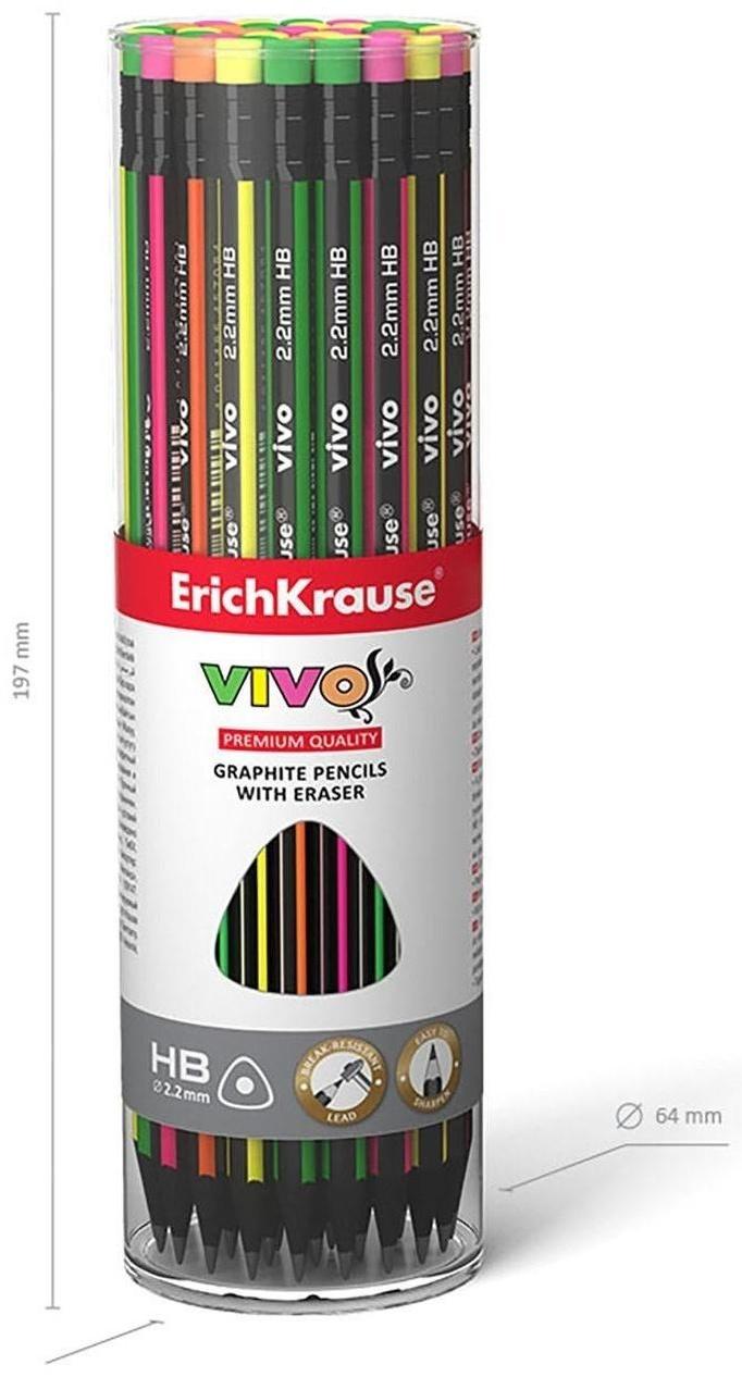 Карандаш чернографитный с ластиком НВ, 2.2 мм, ErichKrause Vivo, трёхгранный, микс, цена за 1 шт