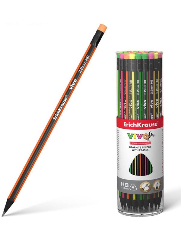 Карандаш чернографитный с ластиком НВ, 2.2 мм, ErichKrause Vivo, трёхгранный, микс, цена за 1 шт