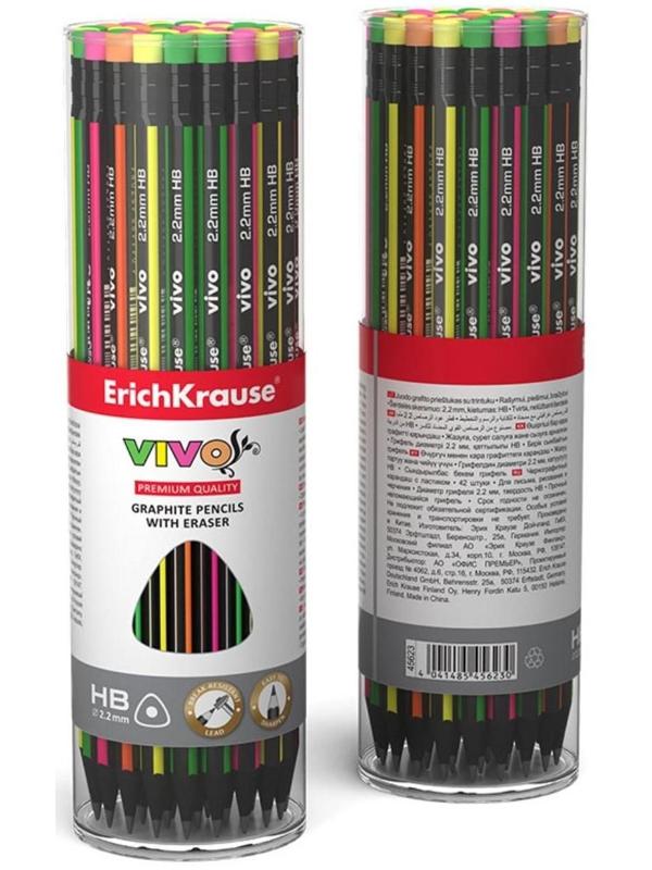Карандаш чернографитный с ластиком НВ, 2.2 мм, ErichKrause Vivo, трёхгранный, микс, цена за 1 шт