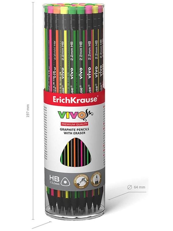 Карандаш чернографитный с ластиком НВ, 2.2 мм, ErichKrause Vivo, трёхгранный, микс, цена за 1 шт