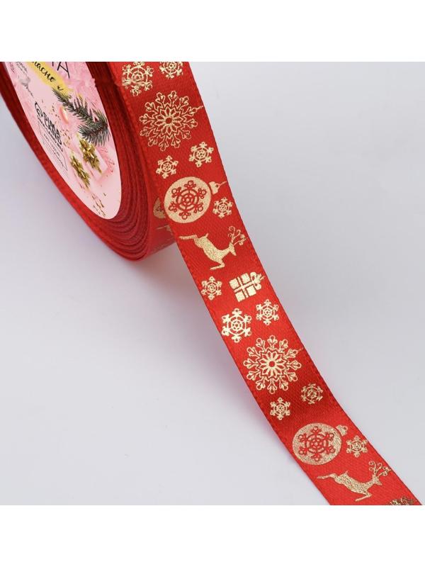 Лента атласная с тиснением «Олени», 15 мм, 23 ± 1 м, цвет красный/золотой №026