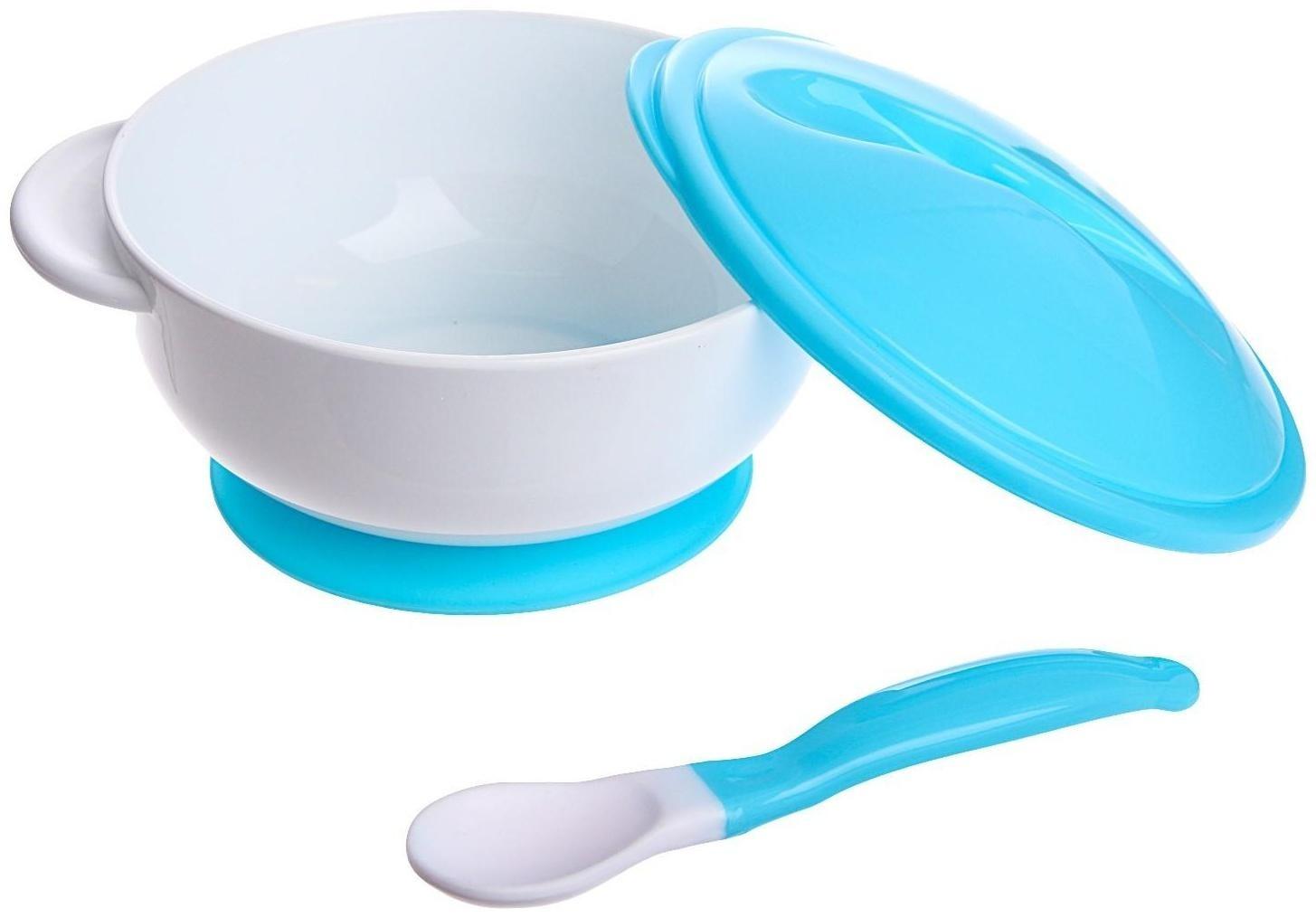 Набор детской посуды, 3 предмета: тарелка на присоске, крышка, ложка, цвет голубой