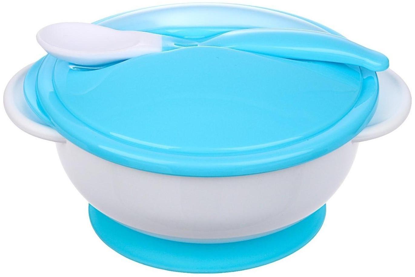 Набор детской посуды, 3 предмета: тарелка на присоске, крышка, ложка, цвет голубой