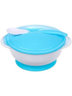 Набор детской посуды, 3 предмета: тарелка на присоске, крышка, ложка, цвет голубой