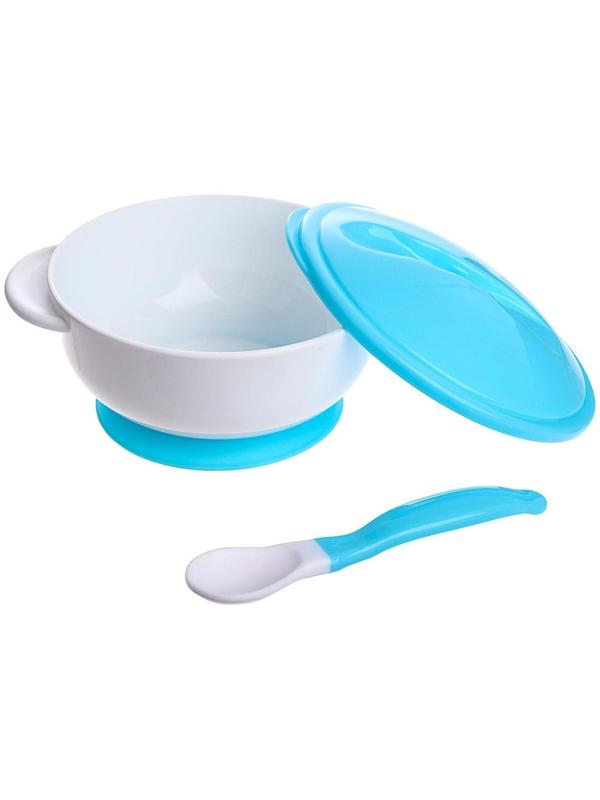 Набор детской посуды, 3 предмета: тарелка на присоске, крышка, ложка, цвет голубой