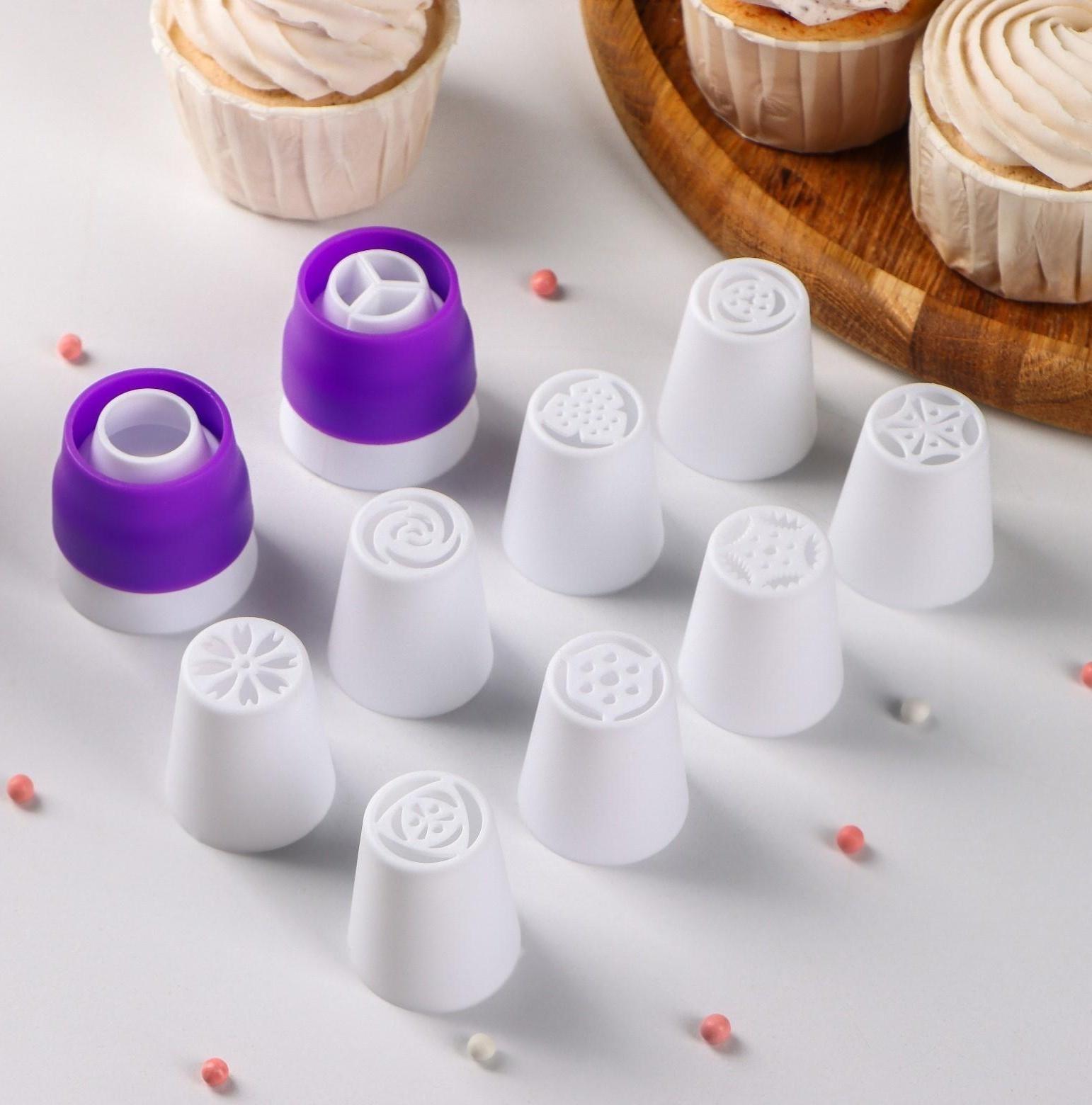 Набор насадок кондитерских, d=3,5 см, 8 шт, 2 адаптера, цвет МИКС