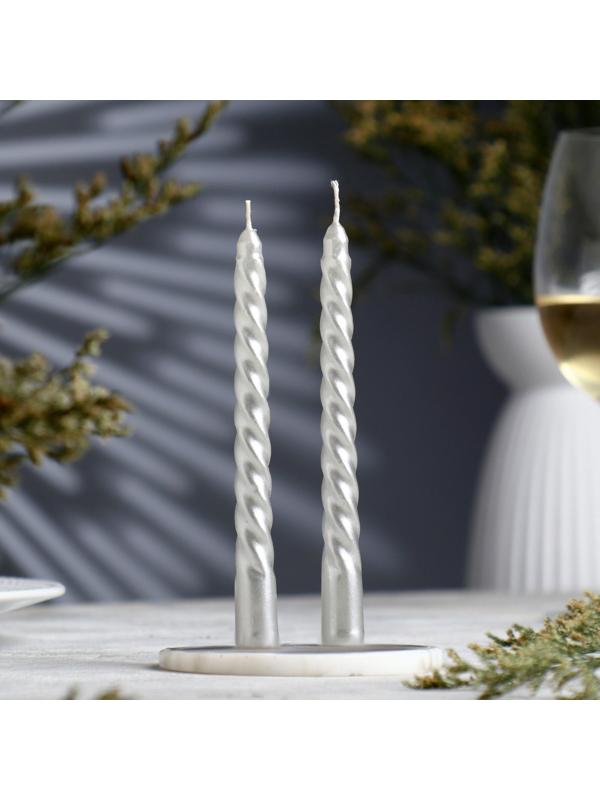 Набор свечей витых, 1,5х 15 см, 2 штуки, серебряный металлик