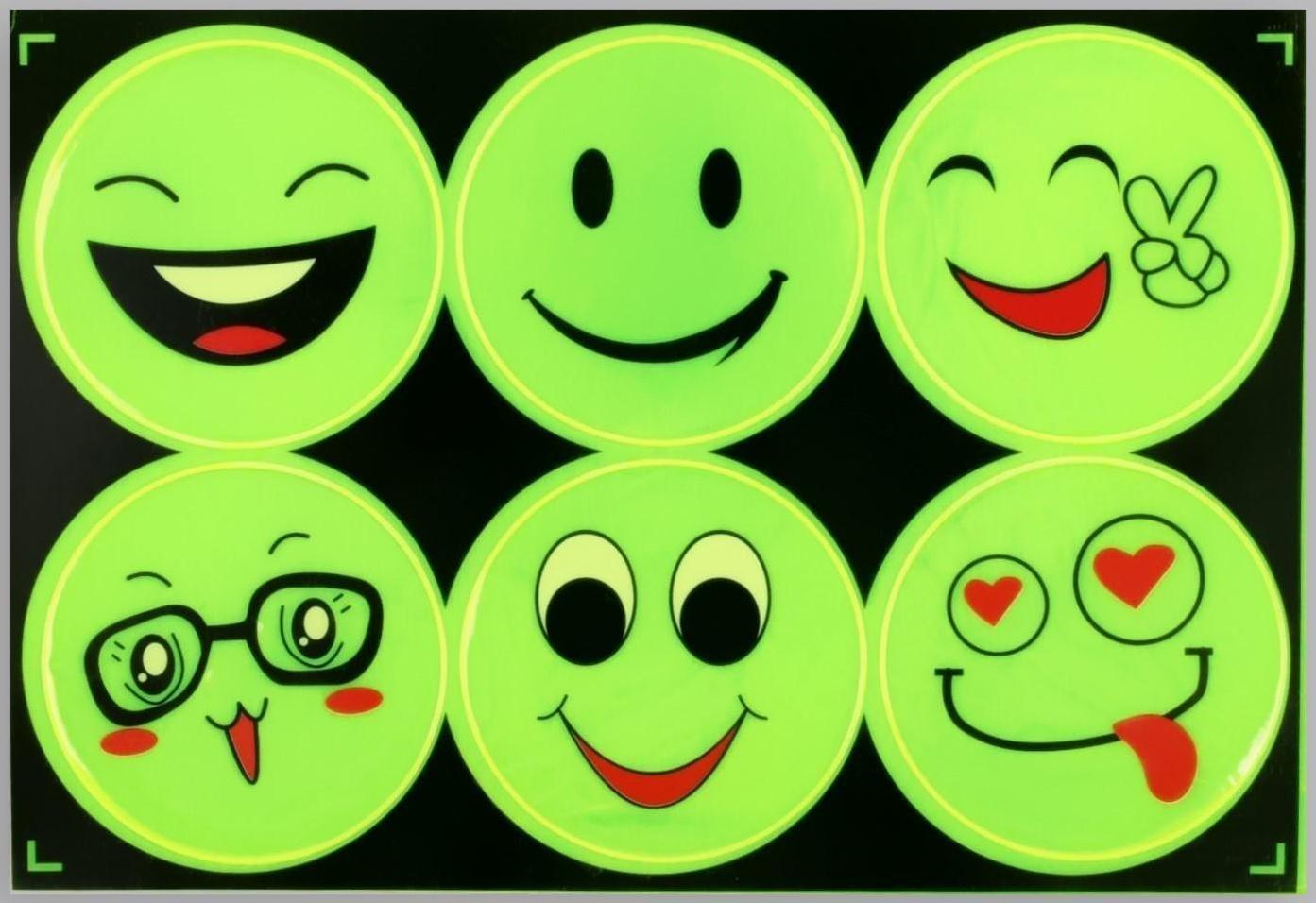 Светоотражающие наклейки «Смайлы», d = 6,5 см, 6 шт на листе, цвет салатовый