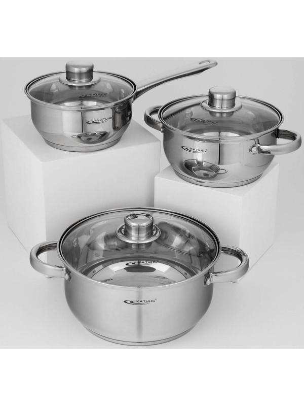 Набор кастрюль «Гретта», 3 предмета: кастрюли 2,2 л, 4,2 л, ковш 1,6 л, капсульное дно, индукция