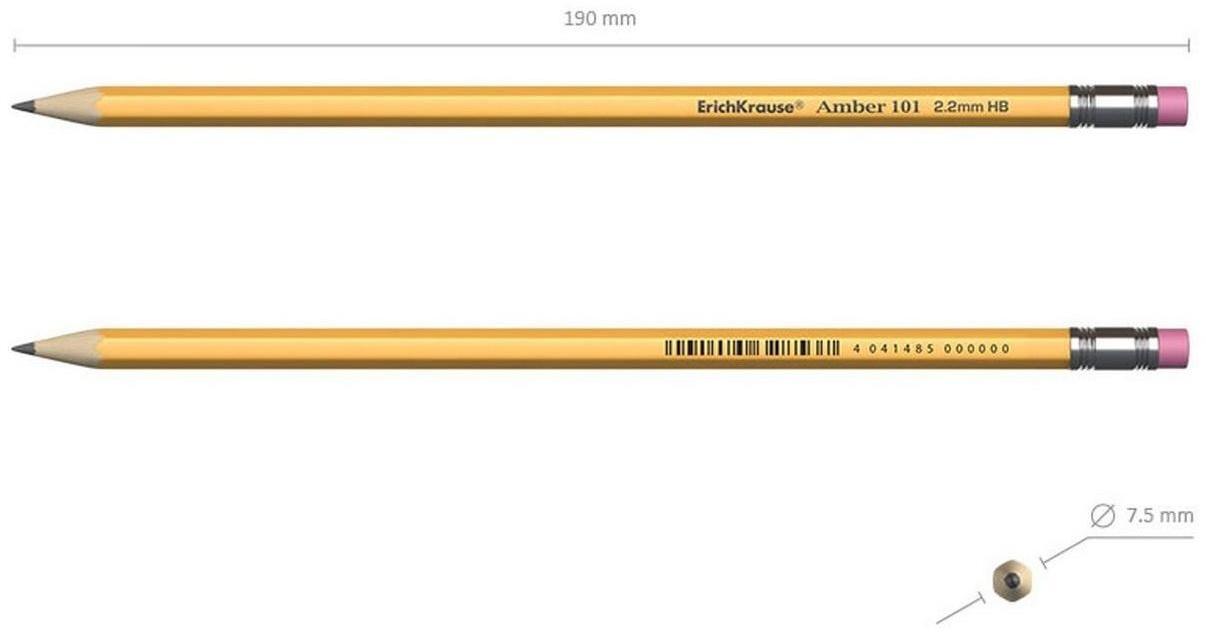 Карандаш чернографитный с ластиком НВ, 2.2 мм, ErichKrause Amber 101, шестигранный, из отборной древесины, в тубусе