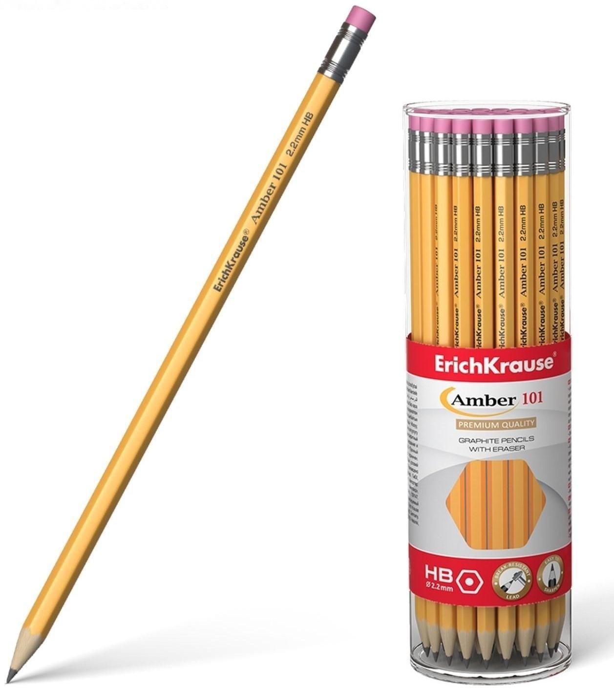 Карандаш чернографитный с ластиком НВ, 2.2 мм, ErichKrause Amber 101, шестигранный, из отборной древесины, в тубусе