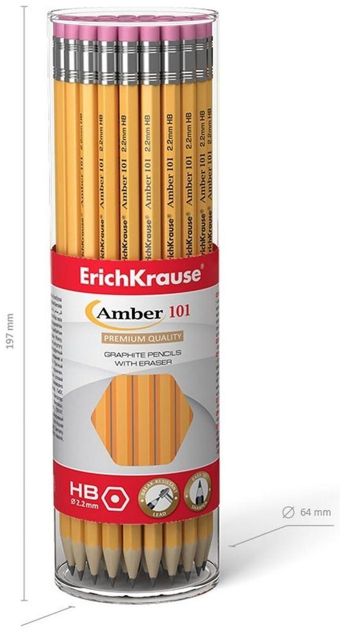 Карандаш чернографитный с ластиком НВ, 2.2 мм, ErichKrause Amber 101, шестигранный, из отборной древесины, в тубусе