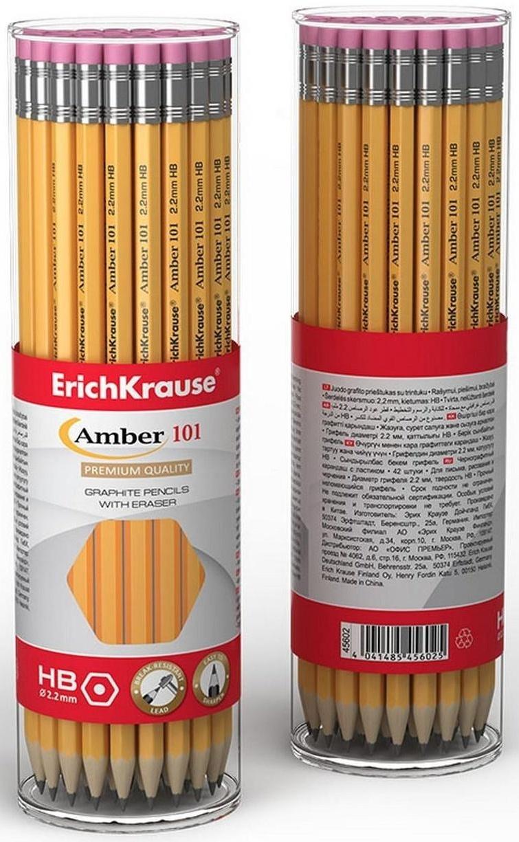 Карандаш чернографитный с ластиком НВ, 2.2 мм, ErichKrause Amber 101, шестигранный, из отборной древесины, в тубусе