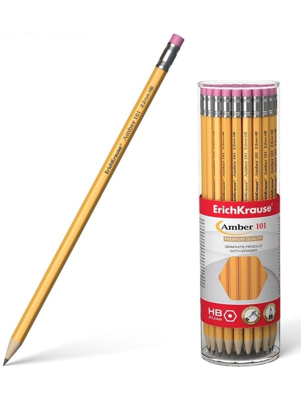 Карандаш чернографитный с ластиком НВ, 2.2 мм, ErichKrause Amber 101, шестигранный, из отборной древесины, в тубусе