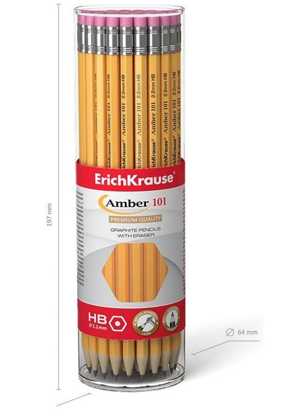 Карандаш чернографитный с ластиком НВ, 2.2 мм, ErichKrause Amber 101, шестигранный, из отборной древесины, в тубусе