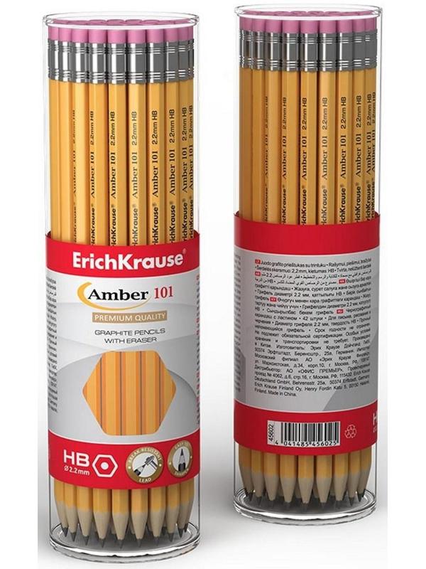 Карандаш чернографитный с ластиком НВ, 2.2 мм, ErichKrause Amber 101, шестигранный, из отборной древесины, в тубусе