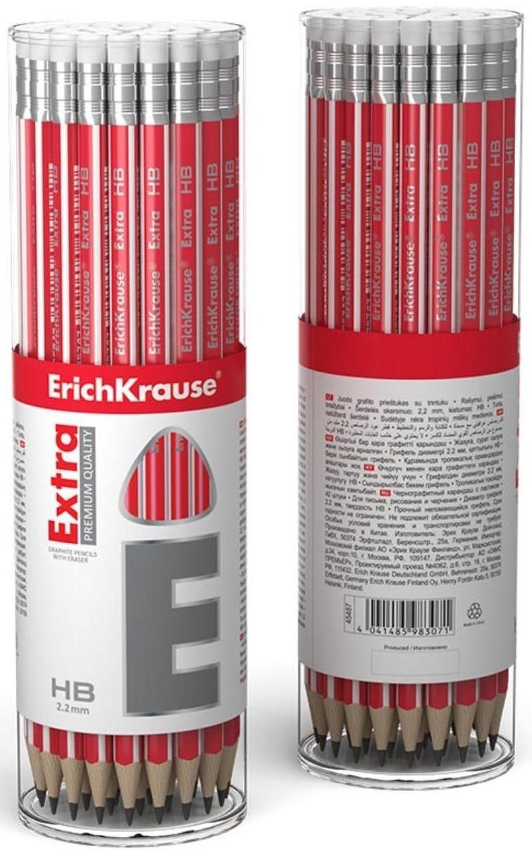 Карандаш чернографитный с ластиком НВ, 2.2 мм, ErichKrause Extra, трехгранный, из отборной древесины, в тубусе