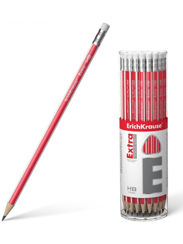 Карандаш чернографитный с ластиком НВ, 2.2 мм, ErichKrause Extra, трехгранный, из отборной древесины, в тубусе