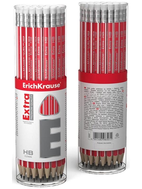 Карандаш чернографитный с ластиком НВ, 2.2 мм, ErichKrause Extra, трехгранный, из отборной древесины, в тубусе