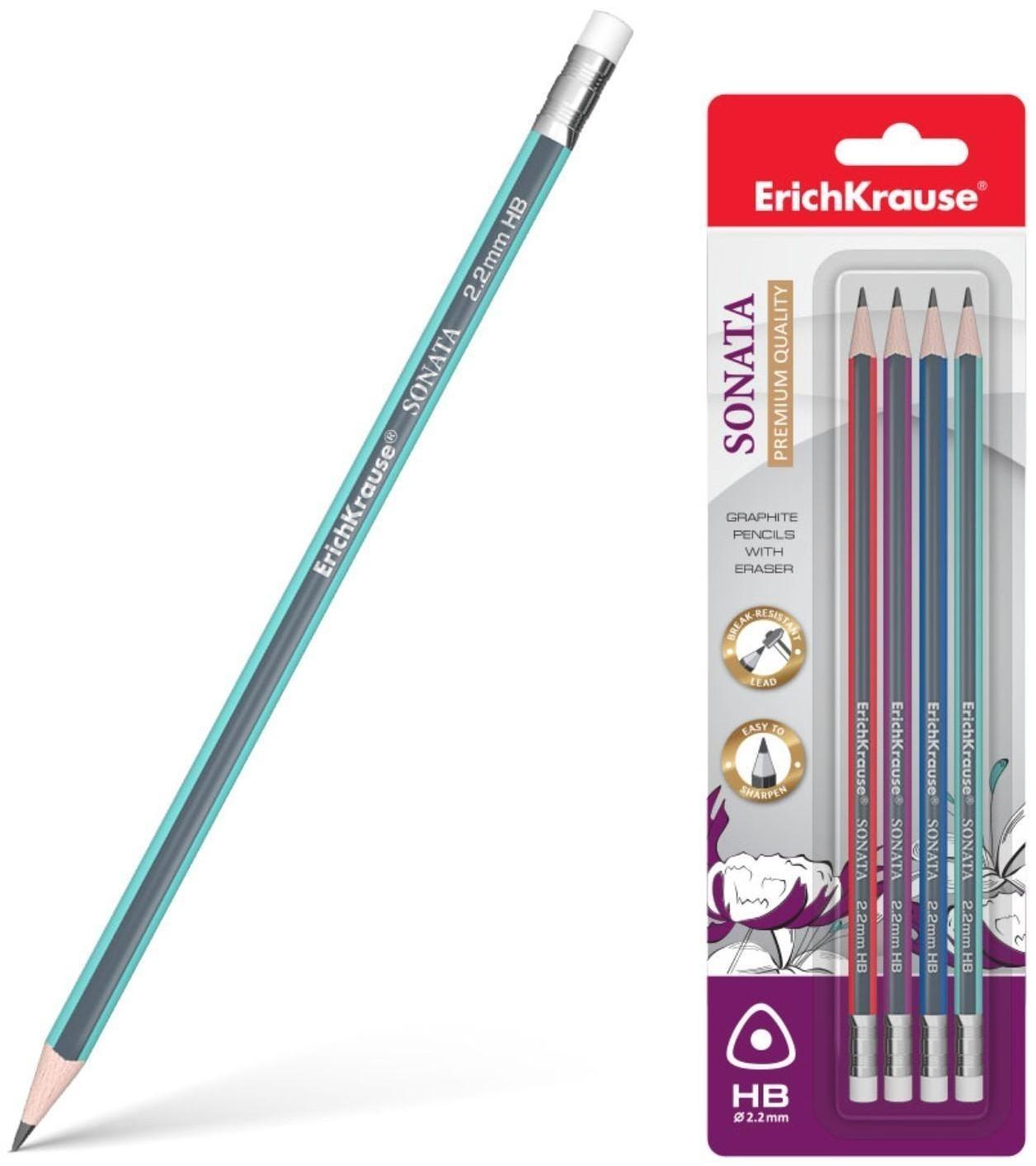Набор карандашей чернографитных с ластиком 4 штуки ErichKrause Sonata, HB, трёхгранные, из отборной древесины, микс, в блистере