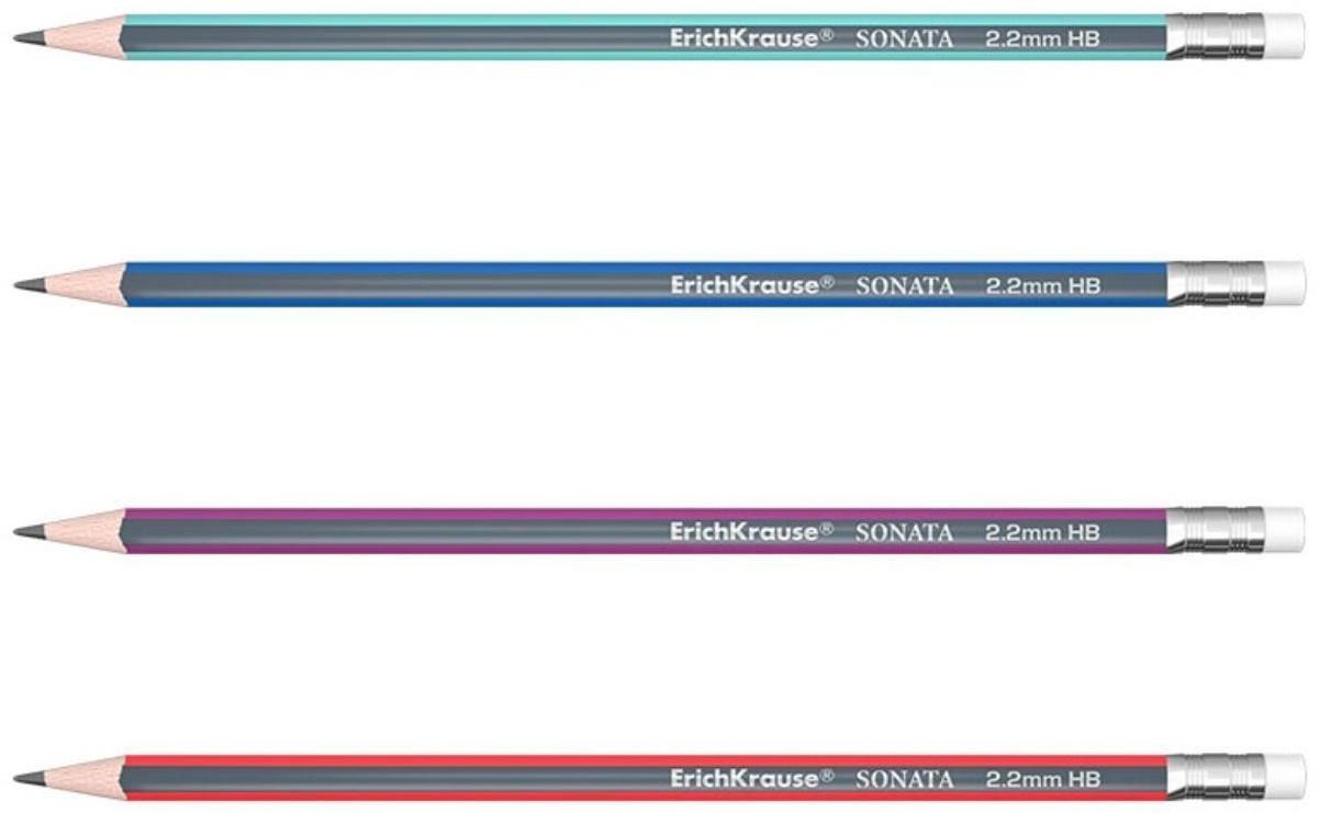 Набор карандашей чернографитных с ластиком 4 штуки ErichKrause Sonata, HB, трёхгранные, из отборной древесины, микс, в блистере