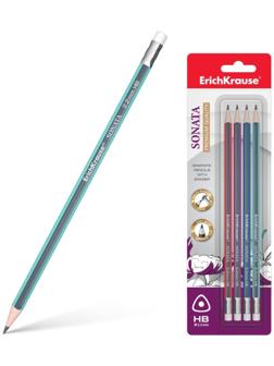 Набор карандашей чернографитных с ластиком 4 штуки ErichKrause Sonata, HB, трёхгранные, из отборной древесины, микс, в блистере