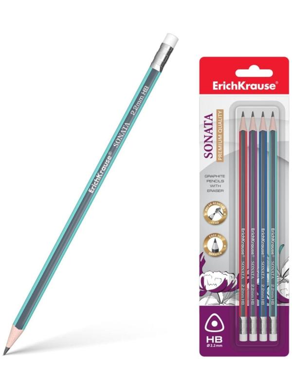 Набор карандашей чернографитных с ластиком 4 штуки ErichKrause Sonata, HB, трёхгранные, из отборной древесины, микс, в блистере