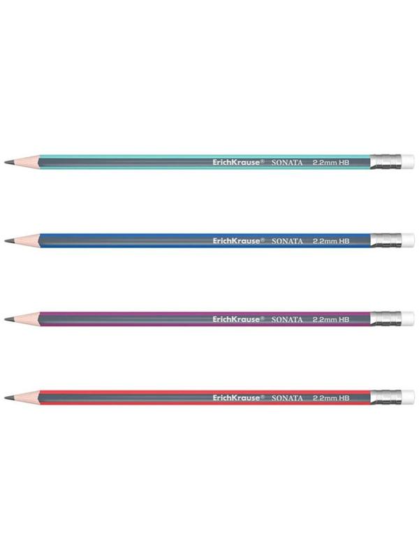 Набор карандашей чернографитных с ластиком 4 штуки ErichKrause Sonata, HB, трёхгранные, из отборной древесины, микс, в блистере