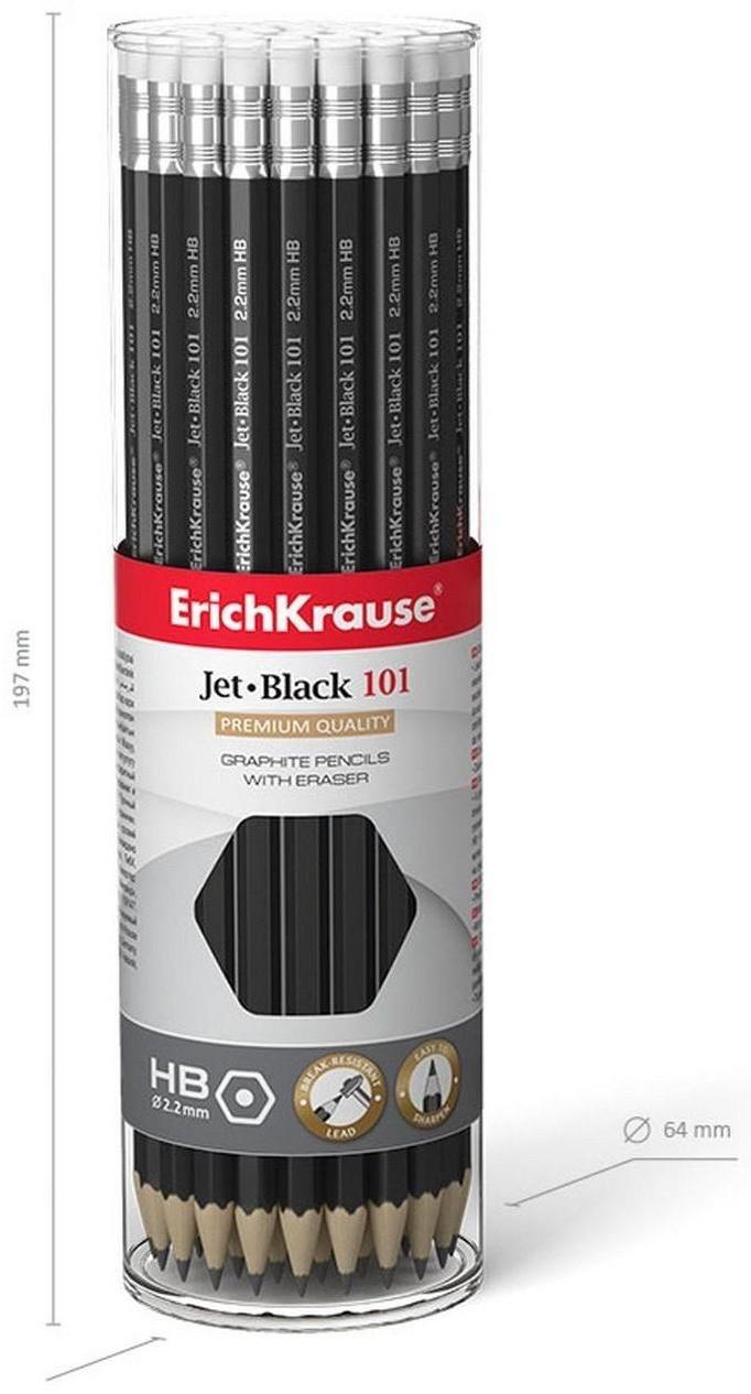 Карандаш чернографитный с ластиком Erich Krause Jet Black 101 HB, грифель d 2.2 мм, шестигранный, из отборной древесины, в тубусе