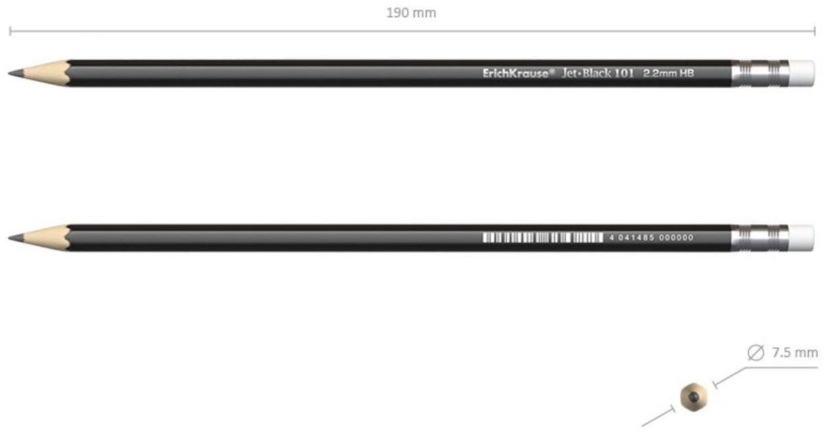 Карандаш чернографитный с ластиком Erich Krause Jet Black 101 HB, грифель d 2.2 мм, шестигранный, из отборной древесины, в тубусе