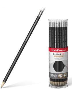 Карандаш чернографитный с ластиком Erich Krause Jet Black 101 HB, грифель d 2.2 мм, шестигранный, из отборной древесины, в тубусе
