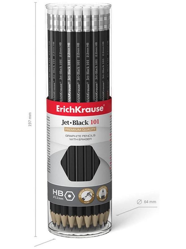 Карандаш чернографитный с ластиком Erich Krause Jet Black 101 HB, грифель d 2.2 мм, шестигранный, из отборной древесины, в тубусе