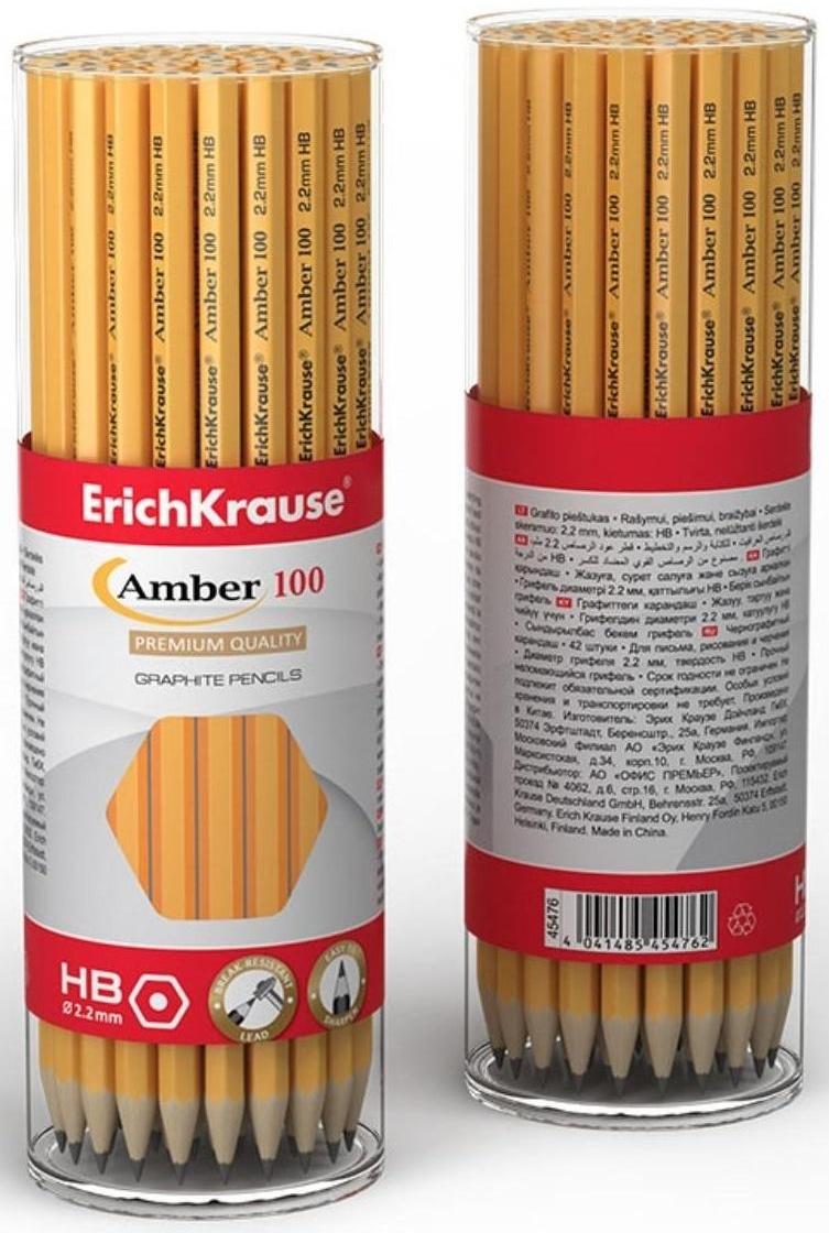 Карандаш чернографитный НВ, 2.2 мм, ErichKrause Amber 100, шестигранный, из отборной древесины, в тубусе