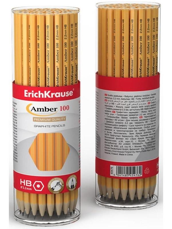 Карандаш чернографитный НВ, 2.2 мм, ErichKrause Amber 100, шестигранный, из отборной древесины, в тубусе