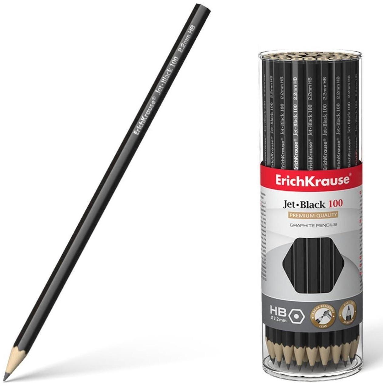 Карандаш чернографитный HB, 2.2 мм, ErichKrause Jet Black 100, шестигранный, из отборной древесины, в тубусе