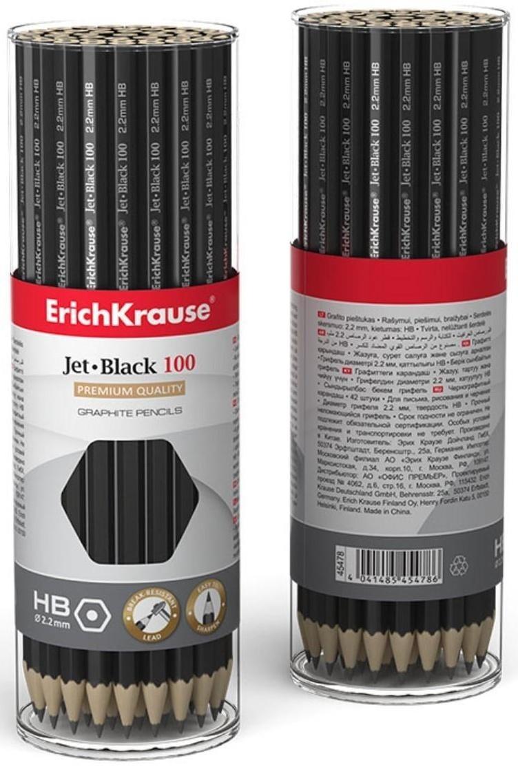 Карандаш чернографитный HB, 2.2 мм, ErichKrause Jet Black 100, шестигранный, из отборной древесины, в тубусе