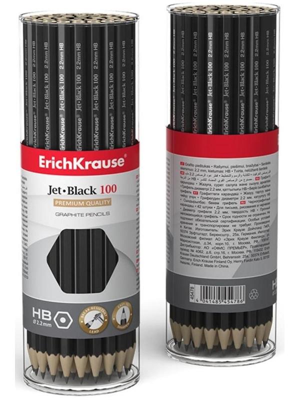 Карандаш чернографитный HB, 2.2 мм, ErichKrause Jet Black 100, шестигранный, из отборной древесины, в тубусе