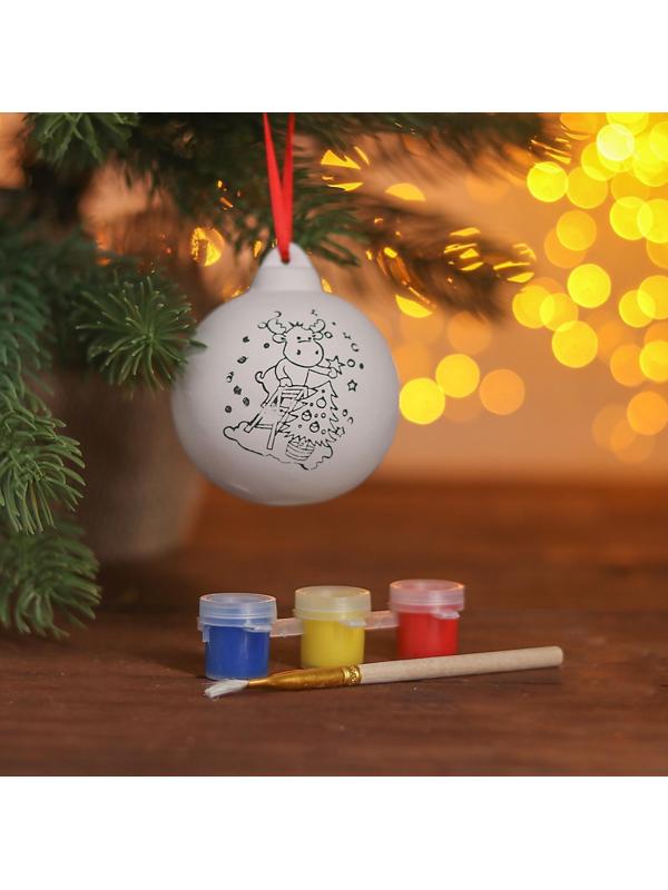 Новогодний шар под раскраску «Украшаем ёлку» с подвесом, краска 3 цв. по 2 мл, кисть