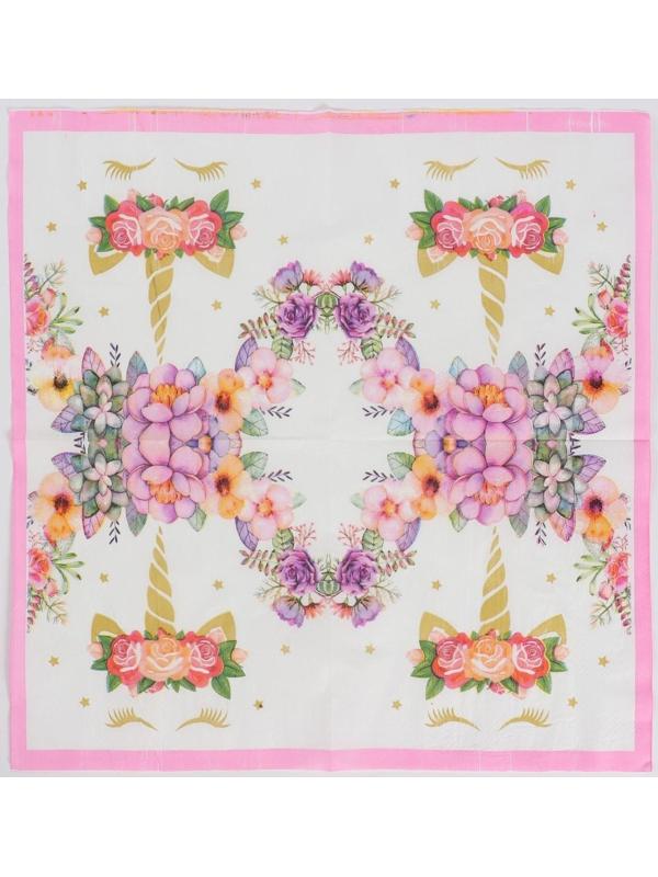 Салфетки бумажные «Единорог и цветы», 33х33 см, набор 20 шт., цвет розовый