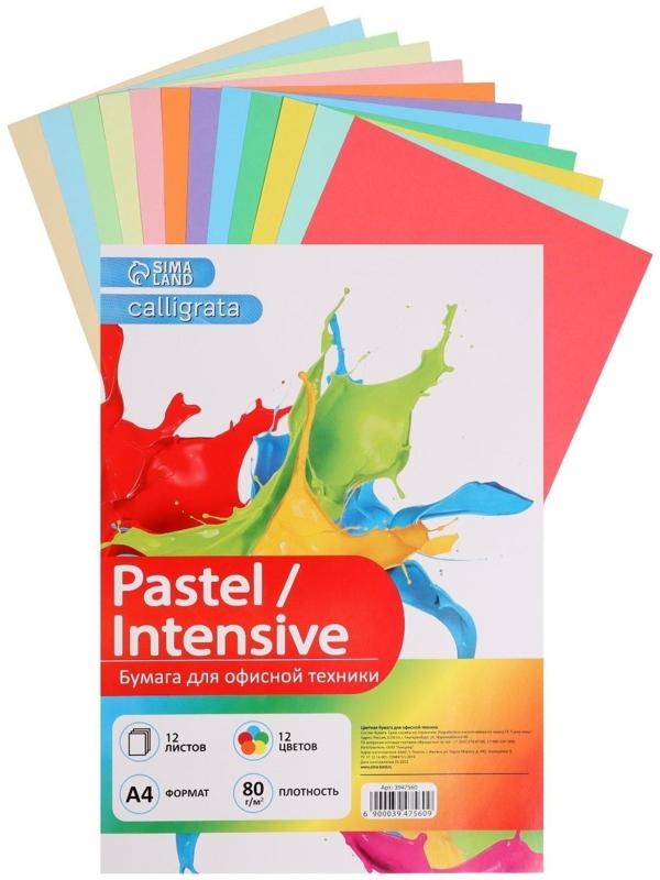 Бумага цветная А4, 12 листов, 12 цветов Calligrata, тонированная в массе, 80 г/м²