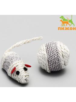Набор витых игрушек для кошек: мышь 7 см и шарик 4 см, сизаль, микс цветов