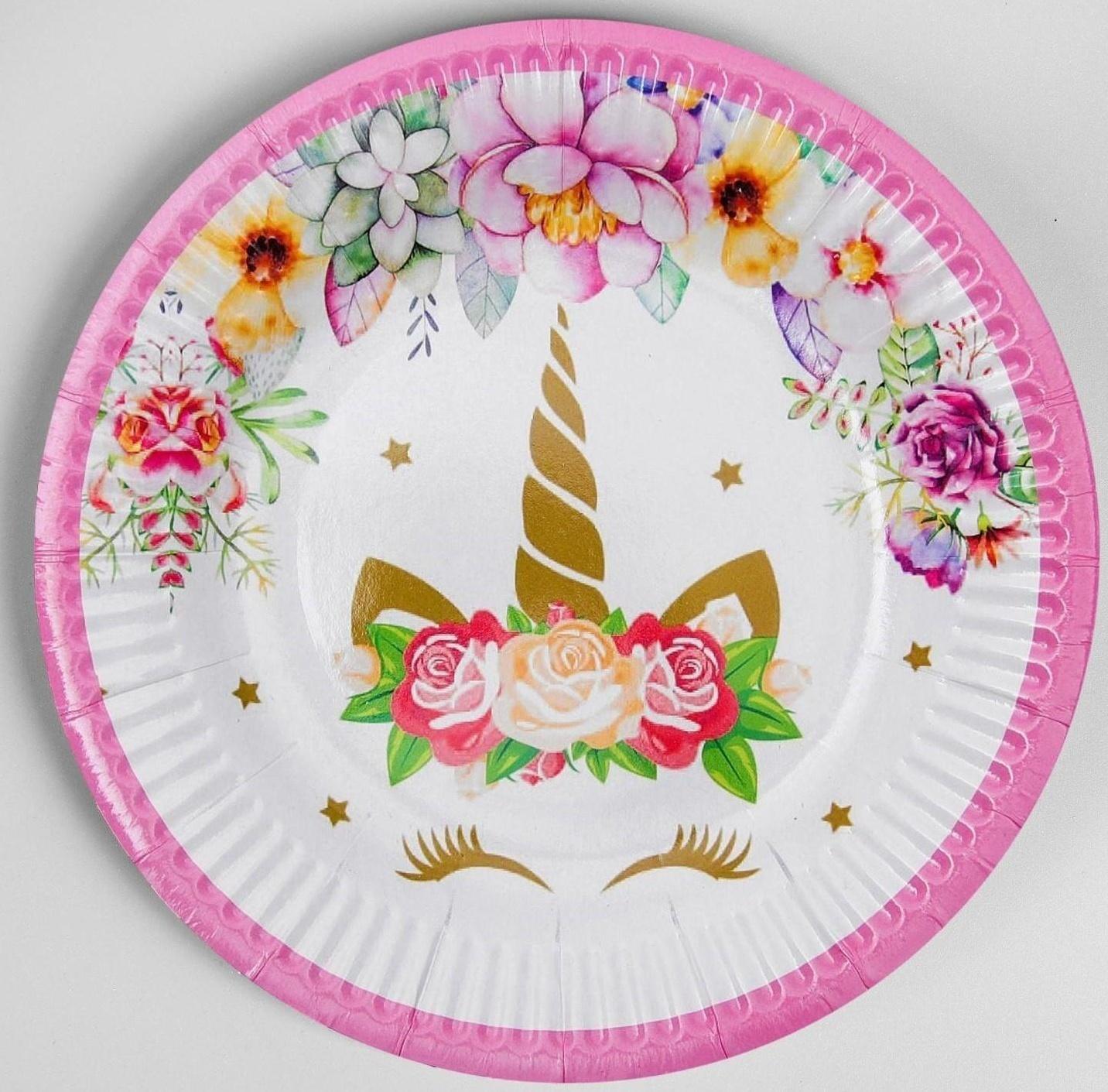 Тарелка бумажная «Единорог и цветы», набор 6 шт., цвет розовый