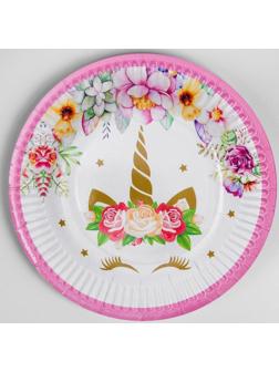 Тарелка бумажная «Единорог и цветы», набор 6 шт., цвет розовый