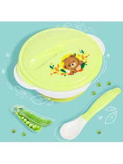 Набор детской посуды «Друзья», 3 предмета: тарелка на присоске, крышка, ложка, цвет зелёный
